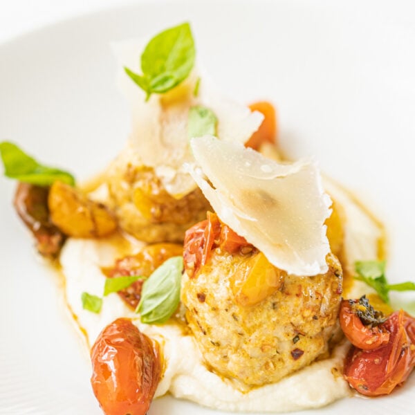 Easy Turkey Meatballs and Roasted Tomatoes with Celery-Root Purée