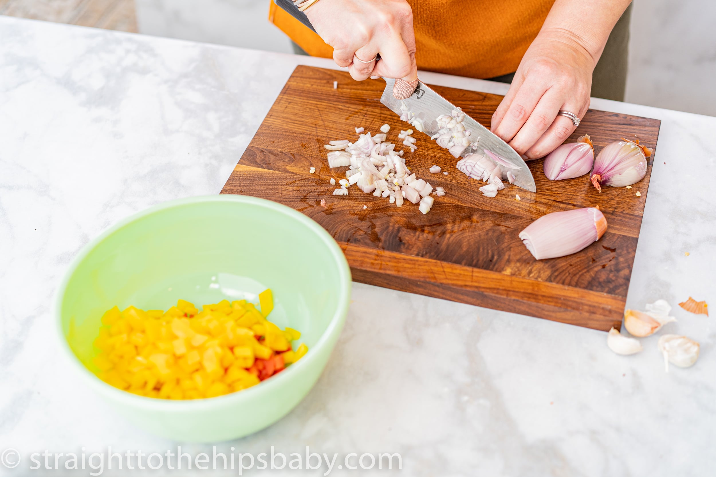 Minced shallot for chicken paprikash sauce